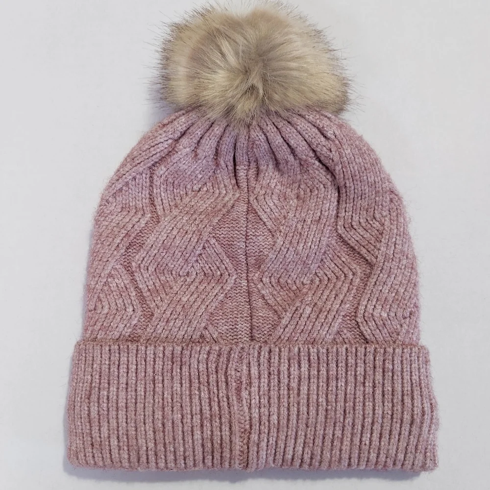 Braided Winter Hat Womens Mauve Knit Beanie Stretch Faux Fur Pom